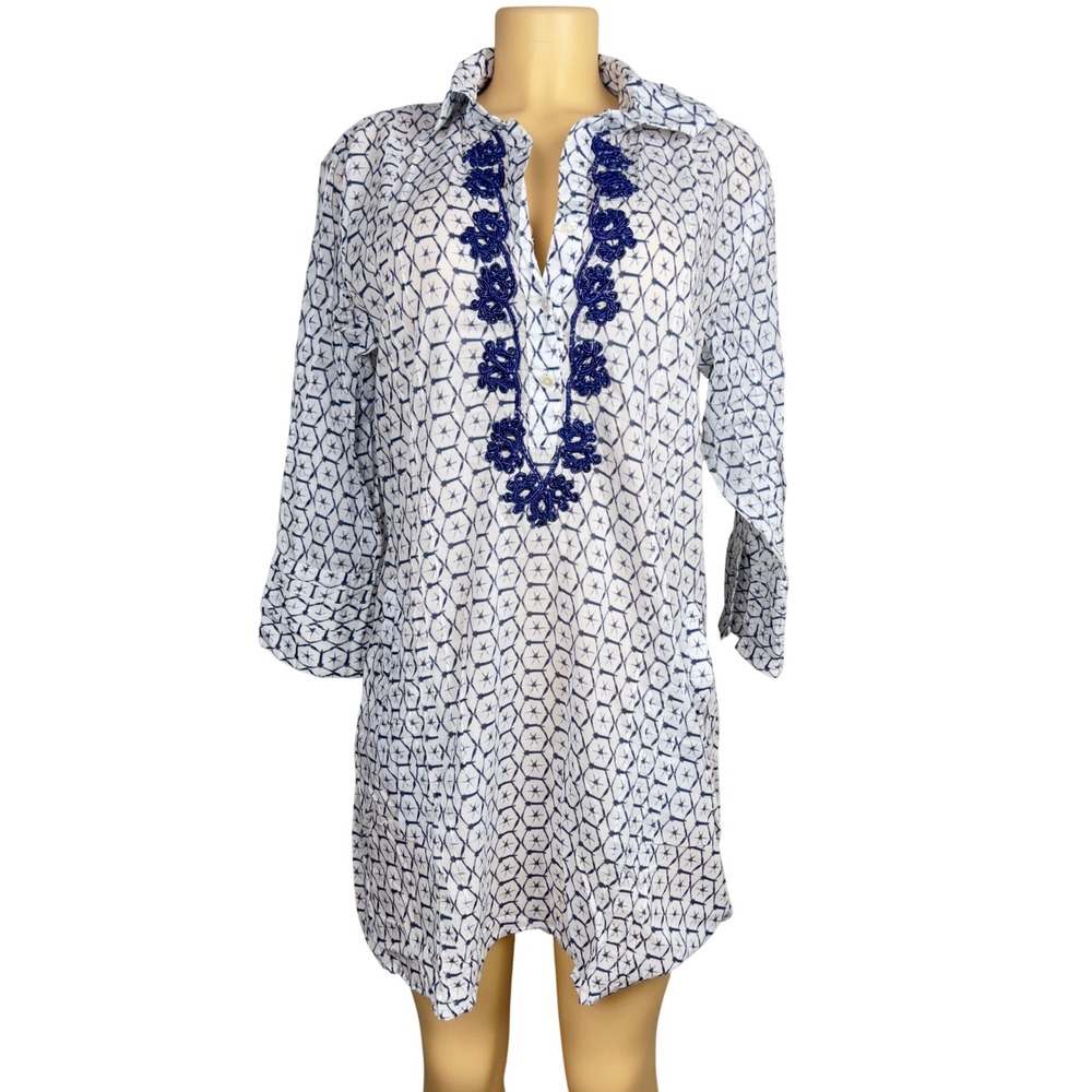 Helen Jon Tunic Cover Up Womens Medium Cotton Embroidered Blue White Geometric